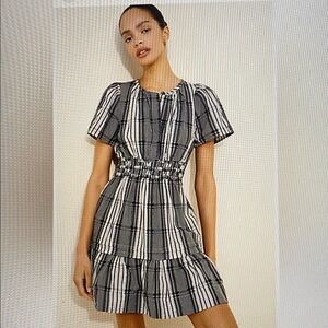 Anthropologie Black White Plaid Tiered Mini Dress